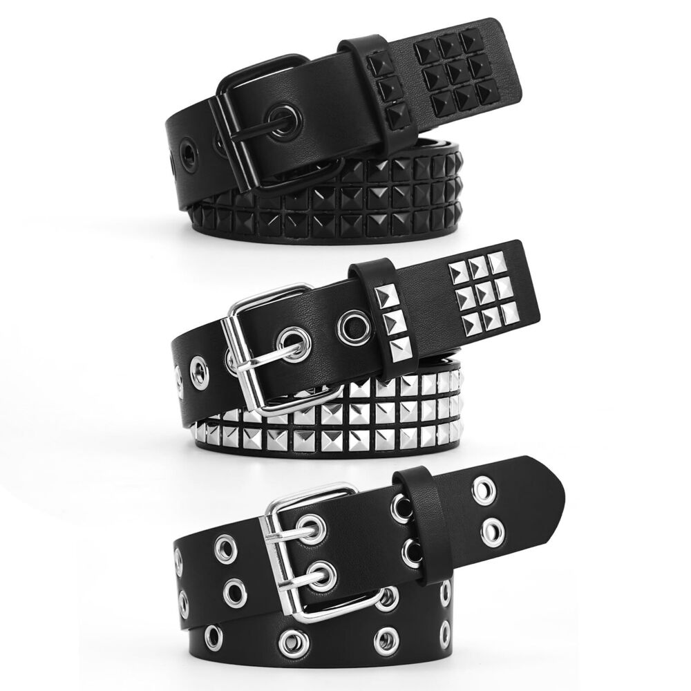 3286 3 Pcs Studded Belt Y2K Metal Goth Punk Rock Rivet Belt with Bright